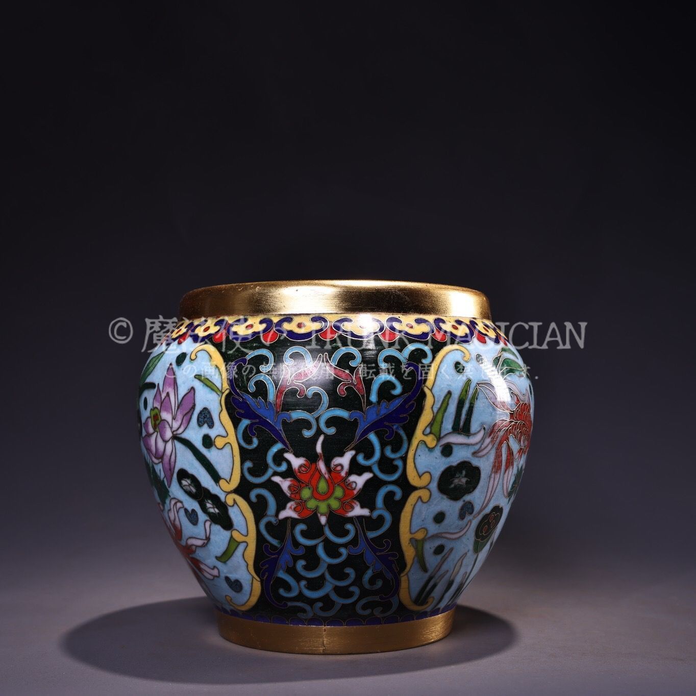 旧家蔵出し 銅製 景泰藍 琺瑯彩 年年有餘紋缸 置物 賞物 供養品 古美術