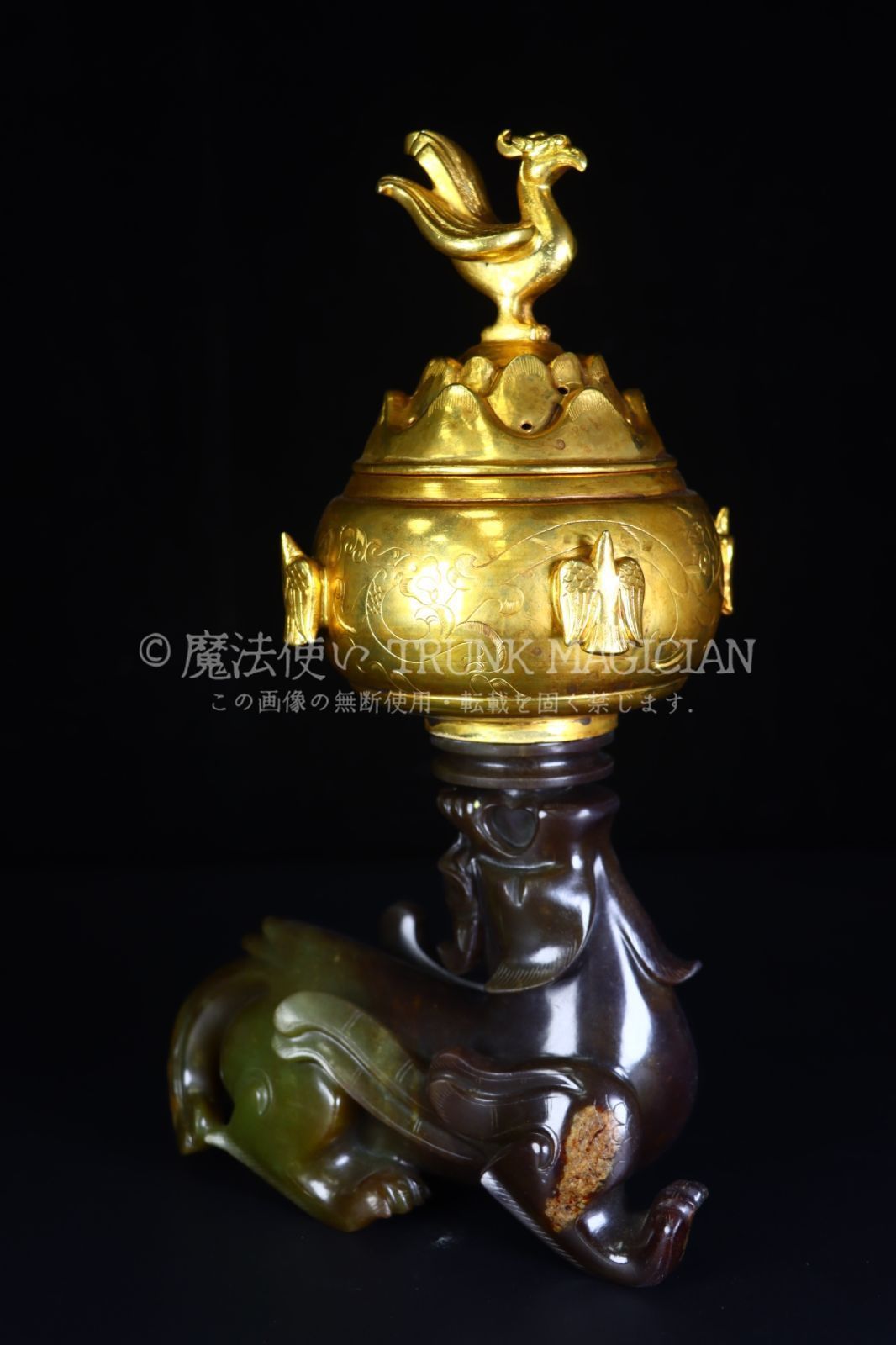 旧家蔵出し 和田玉細密彫 銅嵌 金鍍 玉獣頂炉 香炉 熏香爐 香道具 古