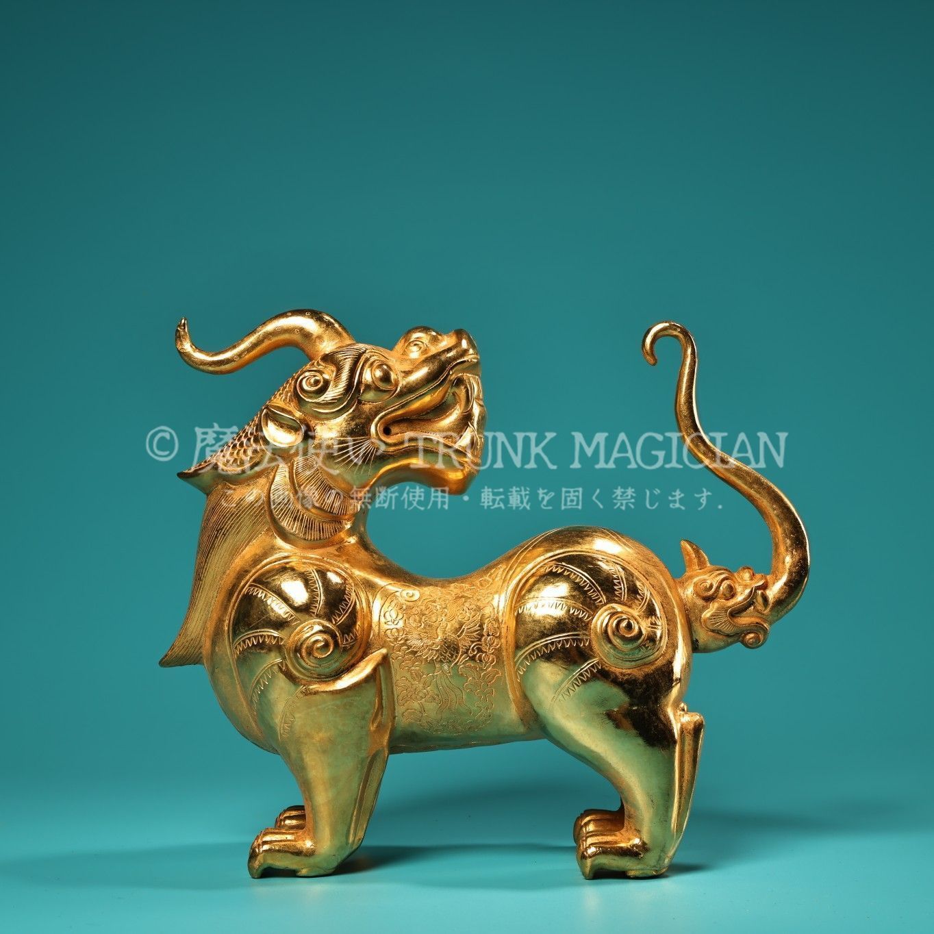 旧家蔵出し銅製細作 塗金 浮彫 鏨刻 神獣 招財 辟邪 置物 文房賞物