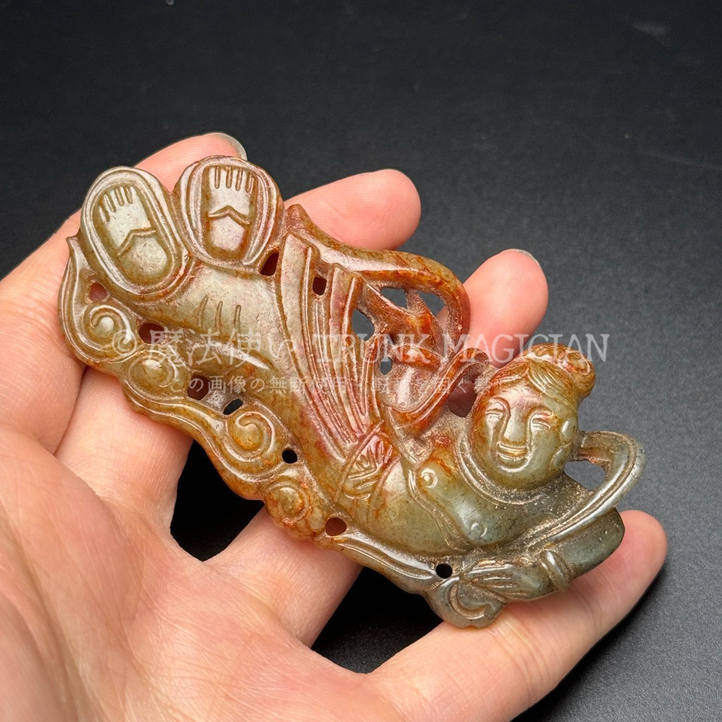 旧家蔵出し 和田玉細密彫 高古件 沁色自然 飛天舞女 置物 賞物 供養品