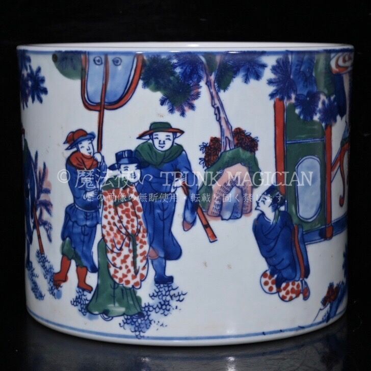 旧家蔵出し 大清康熙年製 青花 加彩 人物紋 筆筒 古陶瓷器 陶芸 造型