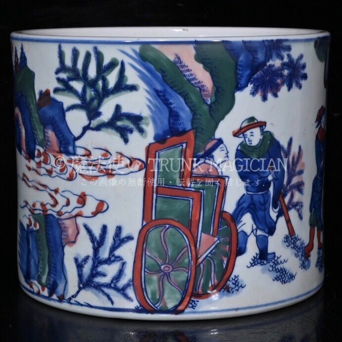 旧家蔵出し 大清康熙年製 青花 加彩 人物紋 筆筒 古陶瓷器 陶芸 造型