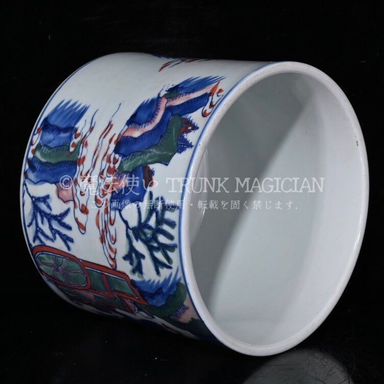 旧家蔵出し 大清康熙年製 青花 加彩 人物紋 筆筒 古陶瓷器 陶芸 造型