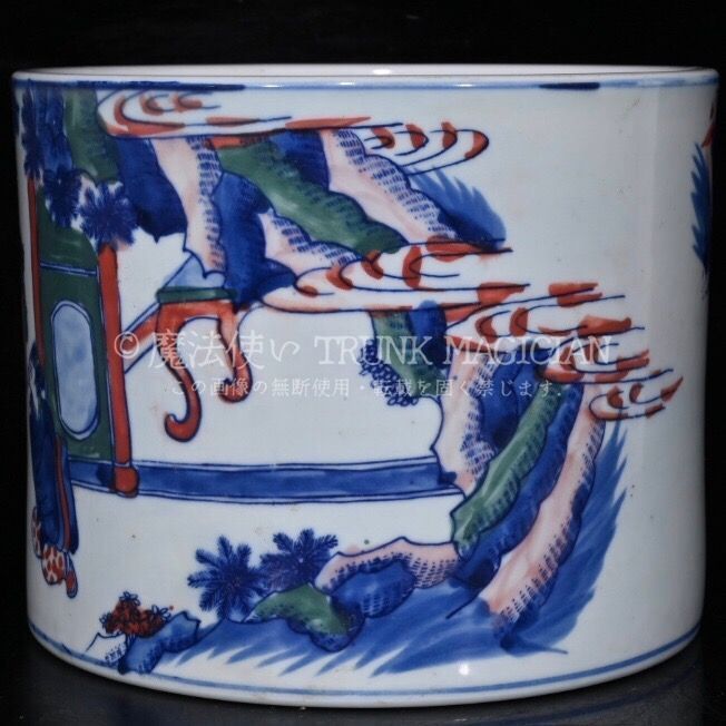 旧家蔵出し 大清康熙年製 青花 加彩 人物紋 筆筒 古陶瓷器 陶芸 造型