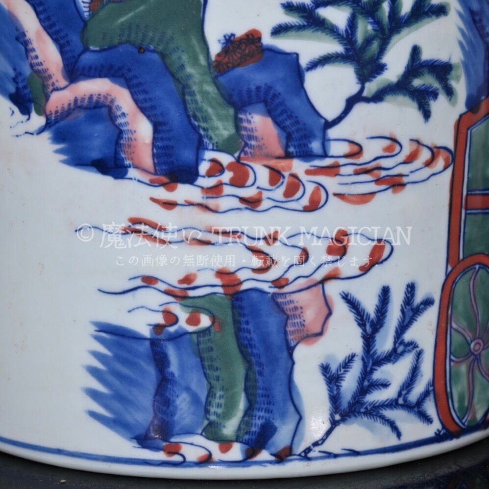 旧家蔵出し 大清康熙年製 青花 加彩 人物紋 筆筒 古陶瓷器 陶芸 造型