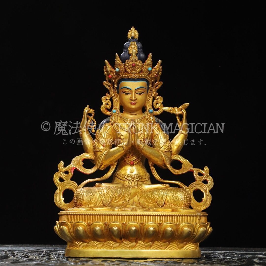 旧家蔵出し 銅製 塗金 四臂觀音像 仏像 宗教 仏教古美術 供養品 古美術