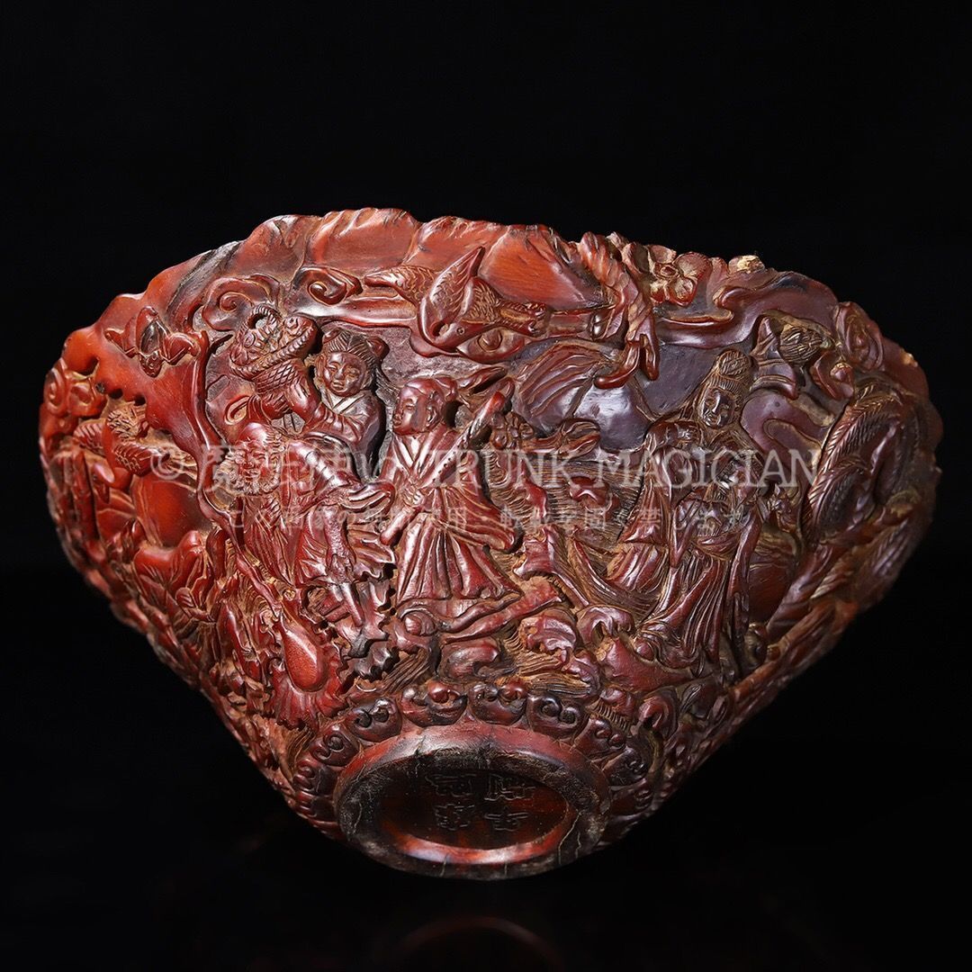 旧家蔵出し 角材細密彫 八仙人物紋碗 置物 文房賞物 供養品 古美術品