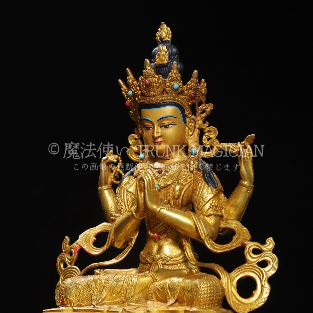 旧家蔵出し 銅製 塗金 四臂觀音像 仏像 宗教 仏教古美術 供養品 古美術