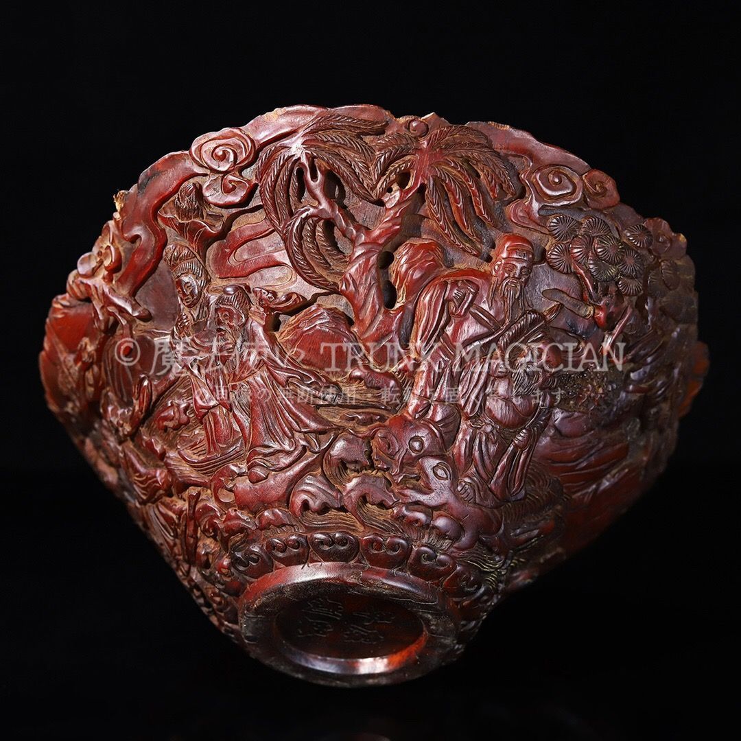 旧家蔵出し 角材細密彫 八仙人物紋碗 置物 文房賞物 供養品 古美術品