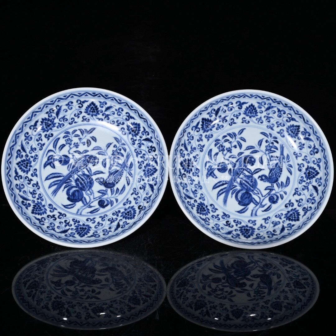 旧家蔵出し 大明宣德年製 青花 鳥食紋 高足果盤一對 古陶瓷器 陶芸