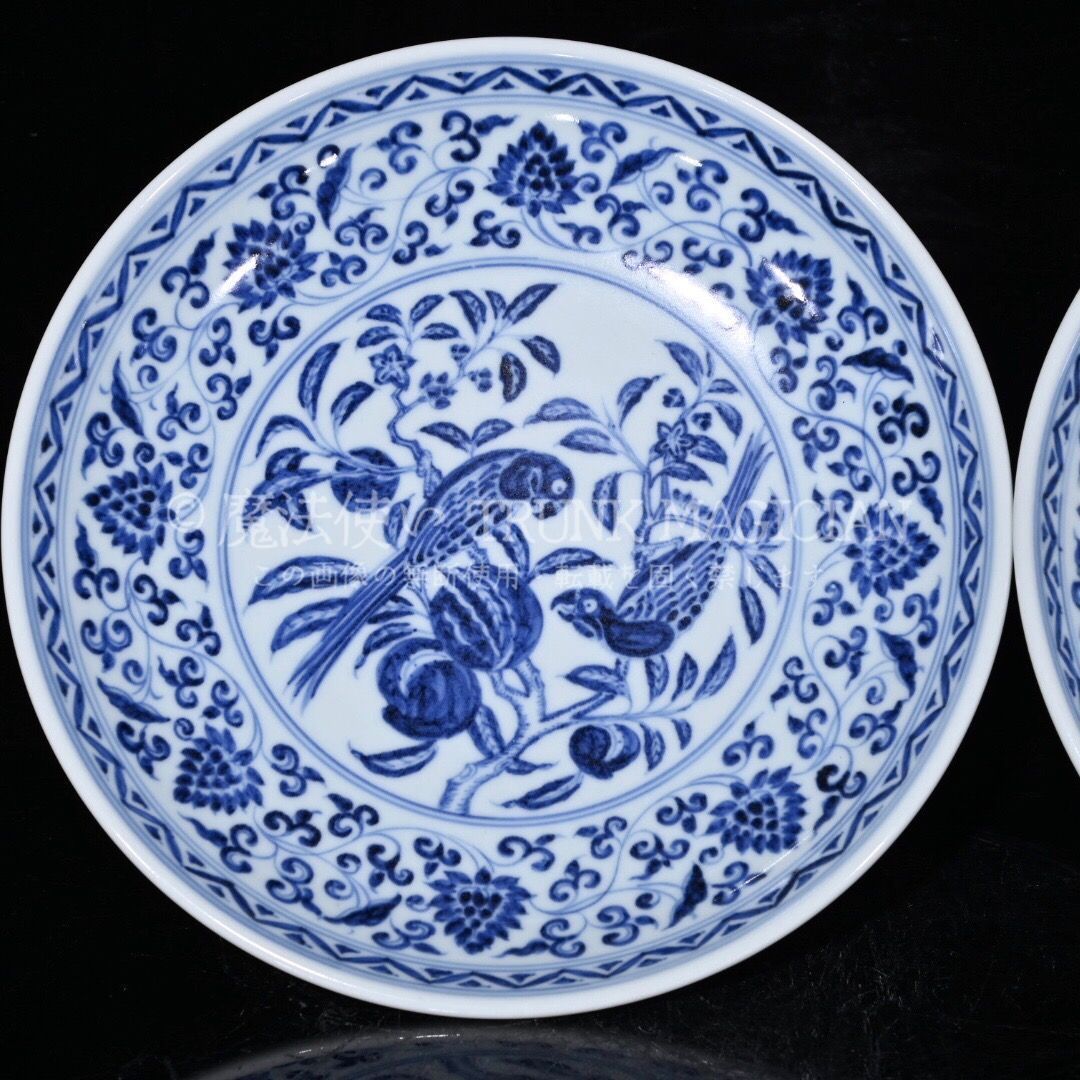 旧家蔵出し 大明宣德年製 青花 鳥食紋 高足果盤一對 古陶瓷器 陶芸