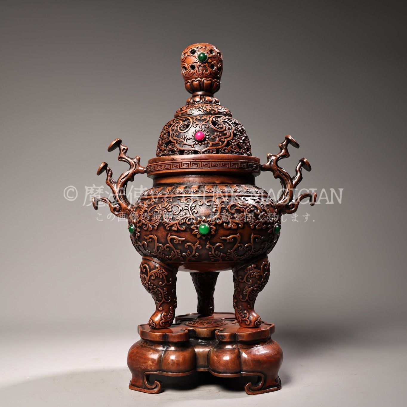 旧家蔵出し 紫銅製 寶石嵌 三足香炉 香道具 逸品仏具 熏香炉 仏具一般