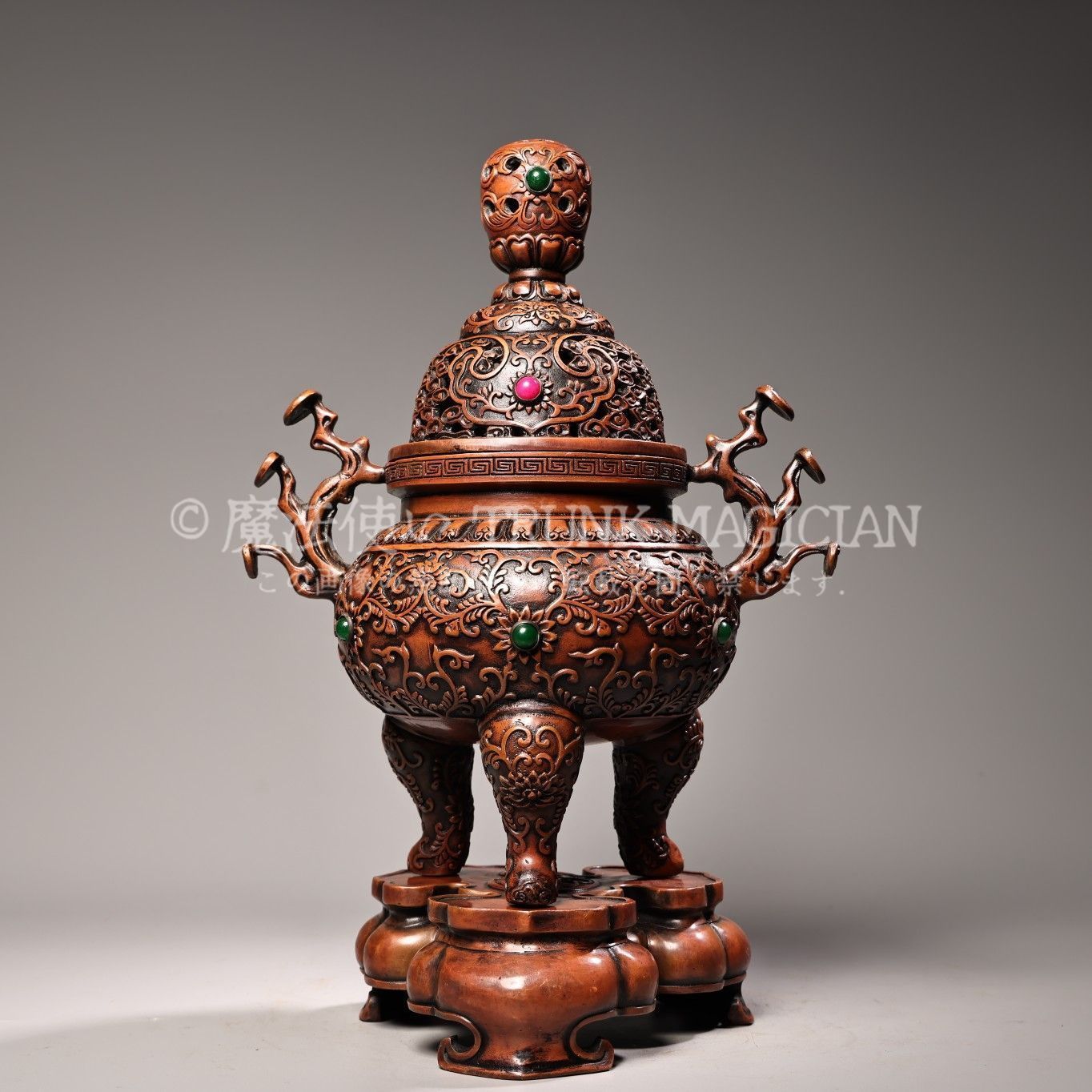 旧家蔵出し 紫銅製 寶石嵌 三足香炉 香道具 逸品仏具 熏香炉 仏具一般