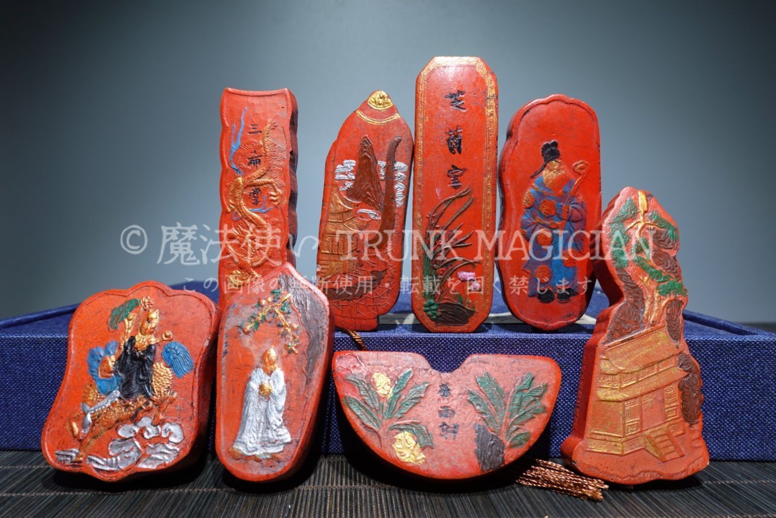 旧家蔵出し 朱砂細密彫 彩繪 墨 文房具 書道品 文房賞物 箱付 供養品