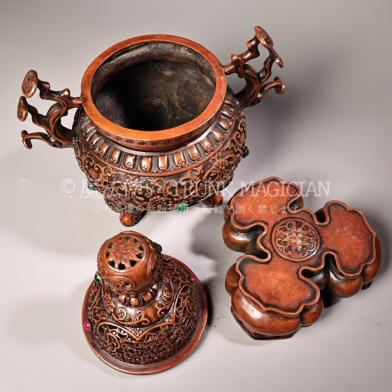 旧家蔵出し 紫銅製 寶石嵌 三足香炉 香道具 逸品仏具 熏香炉 仏具一般