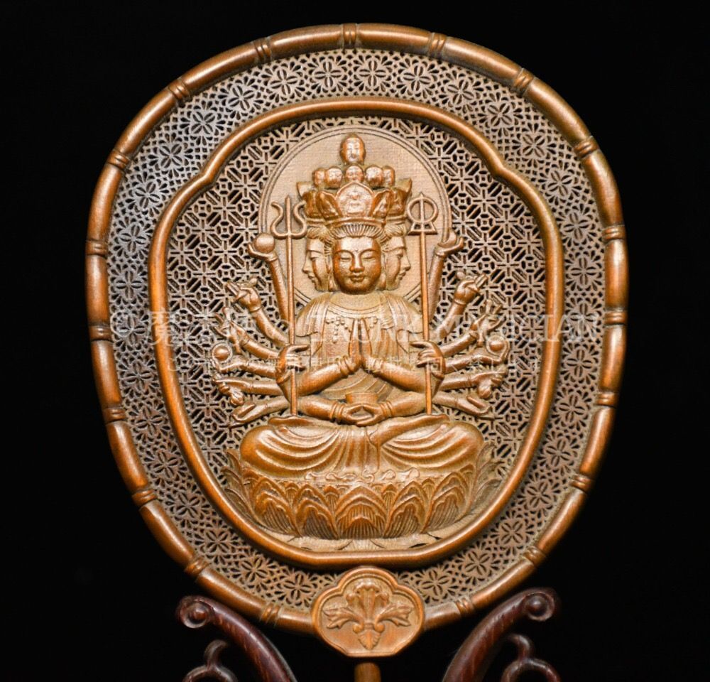 旧家蔵出し 黄楊木細密彫 千手觀音紋屏風 置物 賞物 文房具 書道品