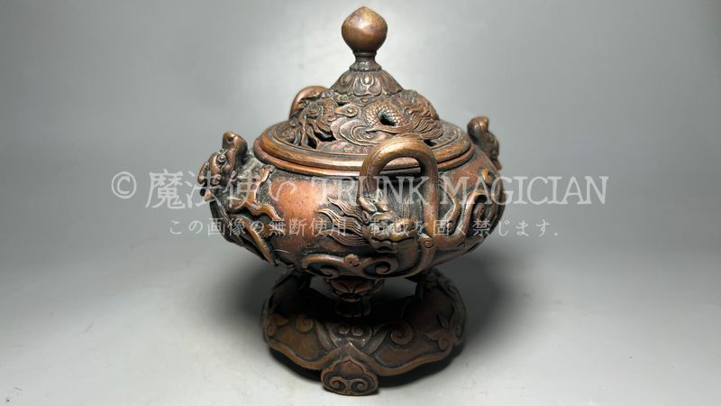 旧家蔵出し 紫銅細作 神獣紋 三足香炉 香道具 逸品仏具 香道具 古美術