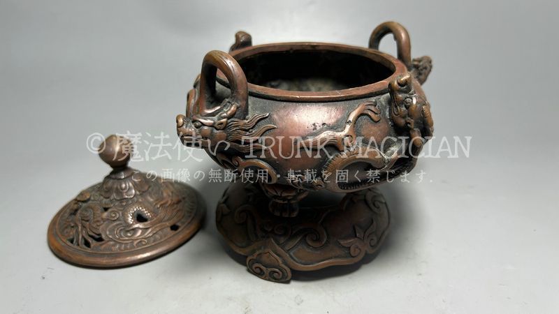 旧家蔵出し 紫銅細作 神獣紋 三足香炉 香道具 逸品仏具 香道具 古美術