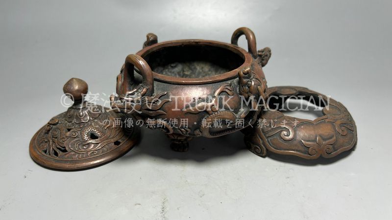 旧家蔵出し 紫銅細作 神獣紋 三足香炉 香道具 逸品仏具 香道具 古美術