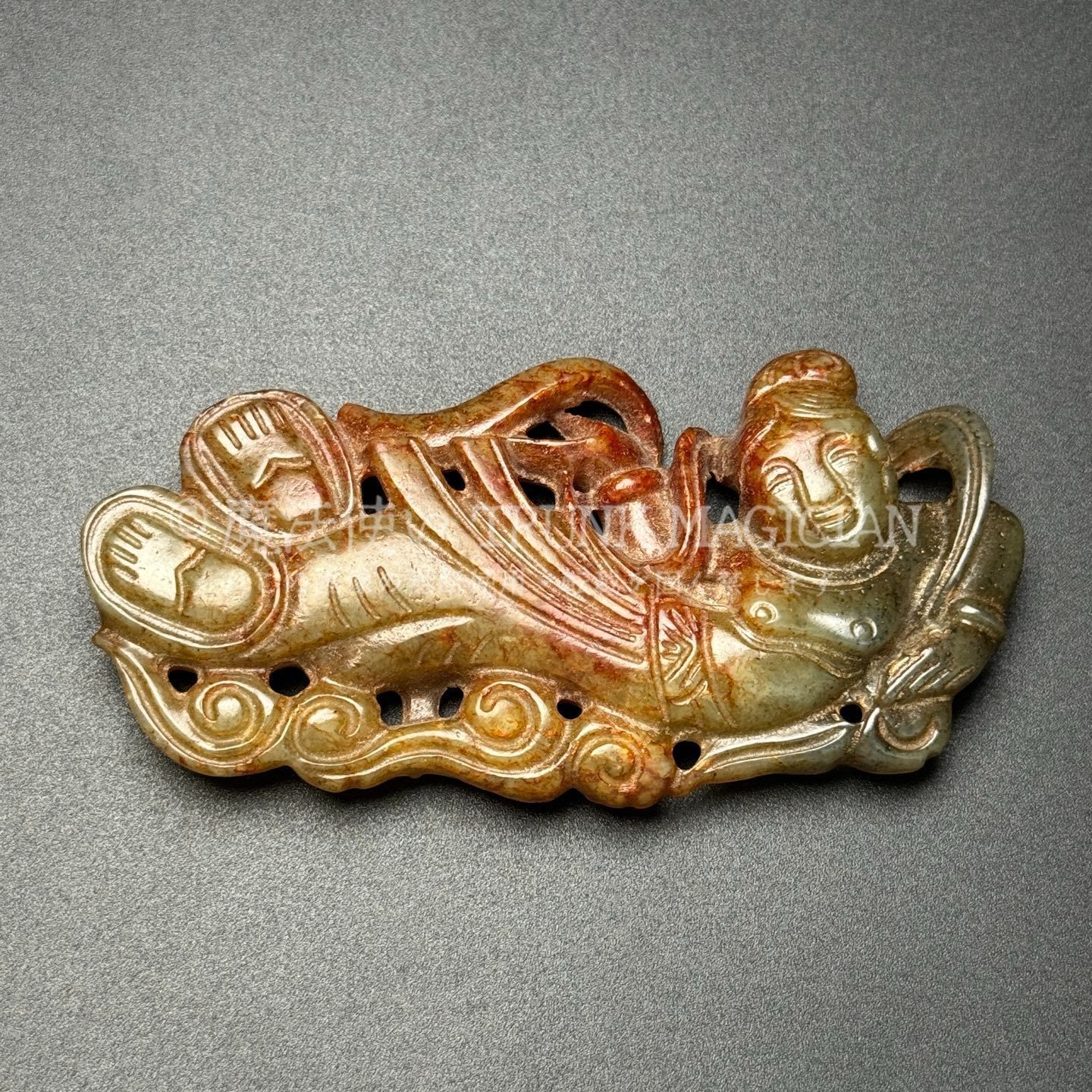 旧家蔵出し 和田玉細密彫 高古件 沁色自然 飛天舞女 置物 賞物 供養品