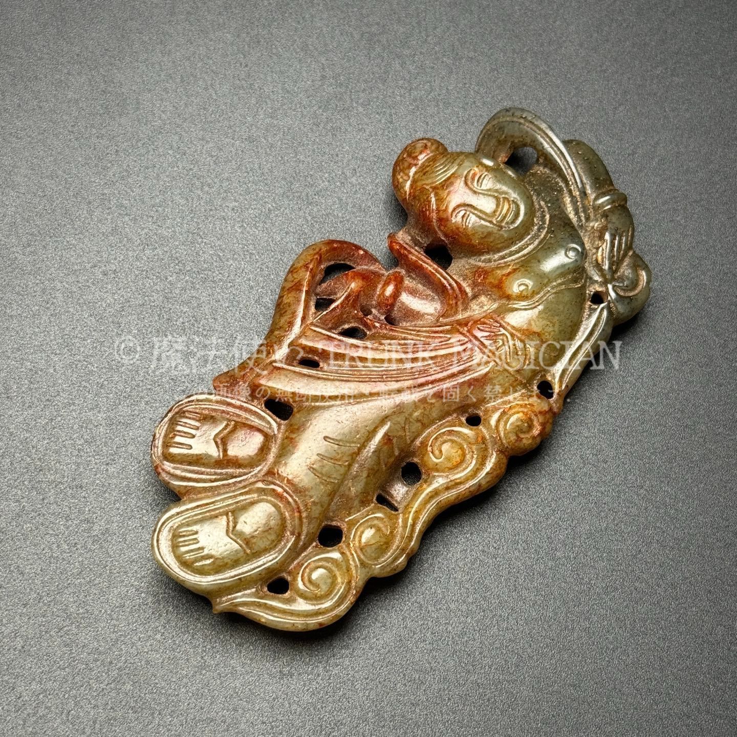 旧家蔵出し 和田玉細密彫 高古件 沁色自然 飛天舞女 置物 賞物 供養品