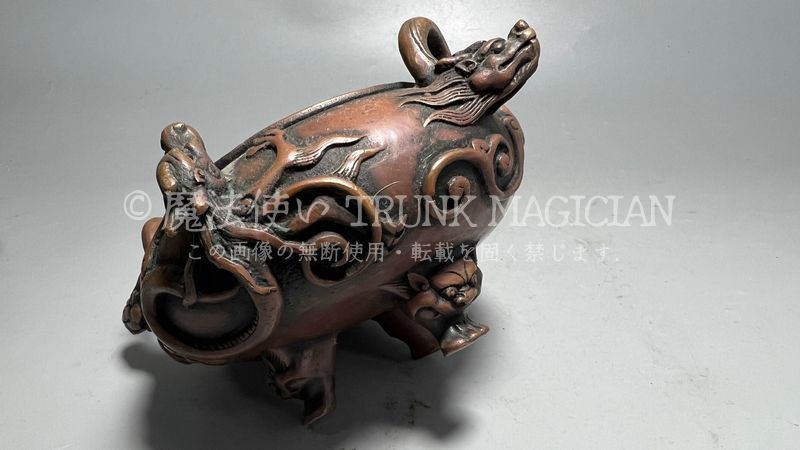 旧家蔵出し 紫銅細作 神獣紋 三足香炉 香道具 逸品仏具 香道具 古美術