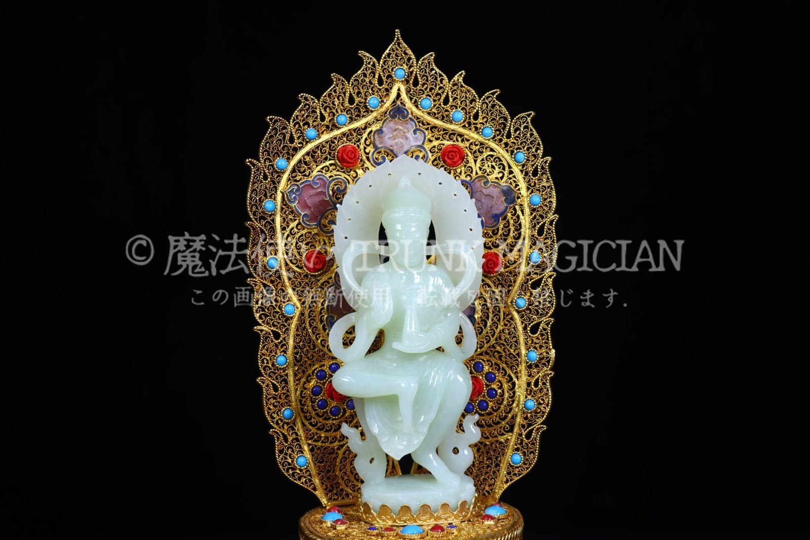 旧家蔵出し 和田玉細密彫 羊脂玉 花糸嵌 寶石嵌 景泰藍 文殊菩薩像