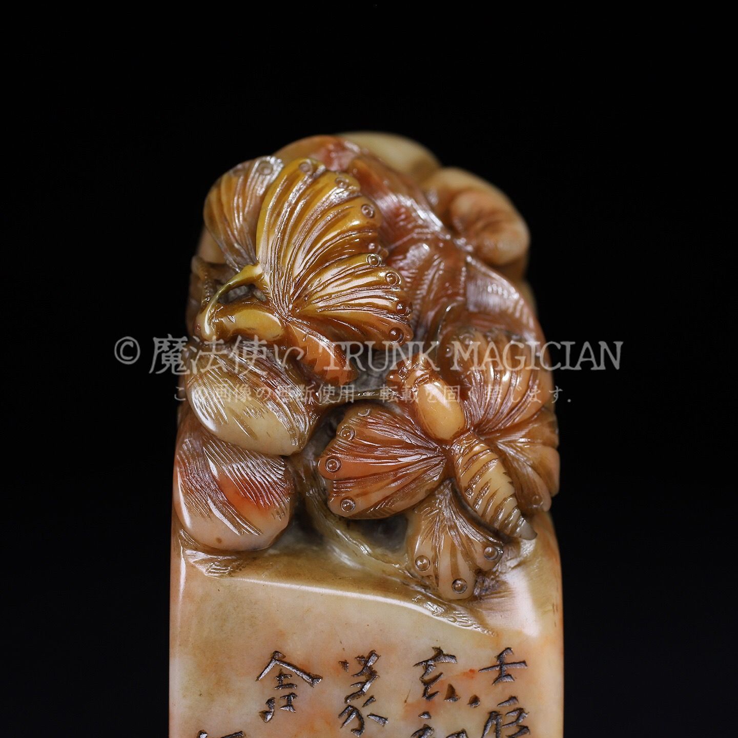 旧家蔵出し 寿山石 芙蓉石彫 福瓜蝴蝶鈕印章 箱付 印鑒 書道品 文房賞