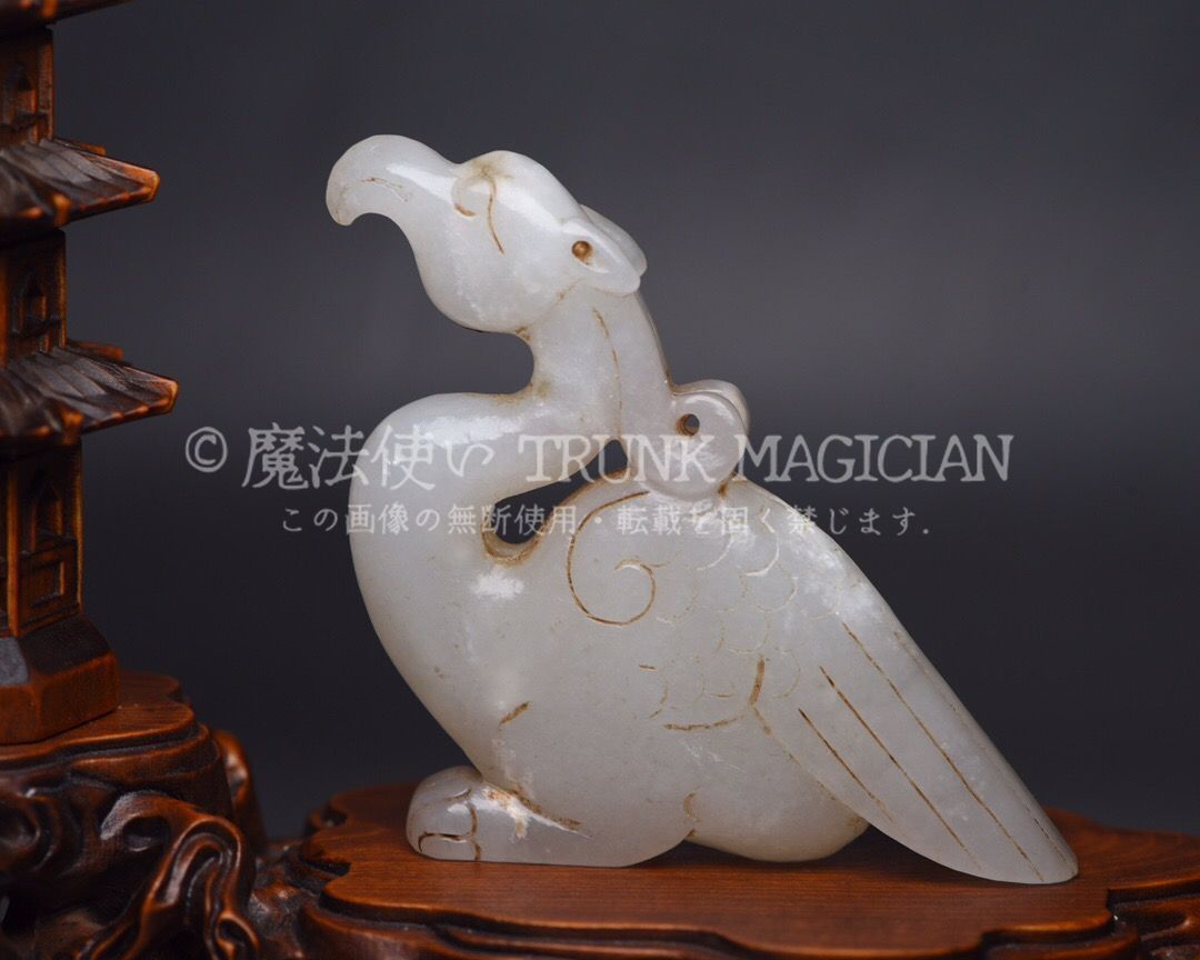旧家蔵出し 和田玉細密彫 羊脂白玉 沁色自然 鳳鳥 彫刻 根付 裝身具 賞