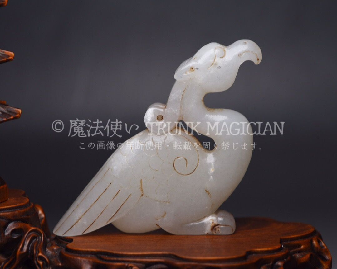 旧家蔵出し 和田玉細密彫 羊脂白玉 沁色自然 鳳鳥 彫刻 根付 裝身具 賞