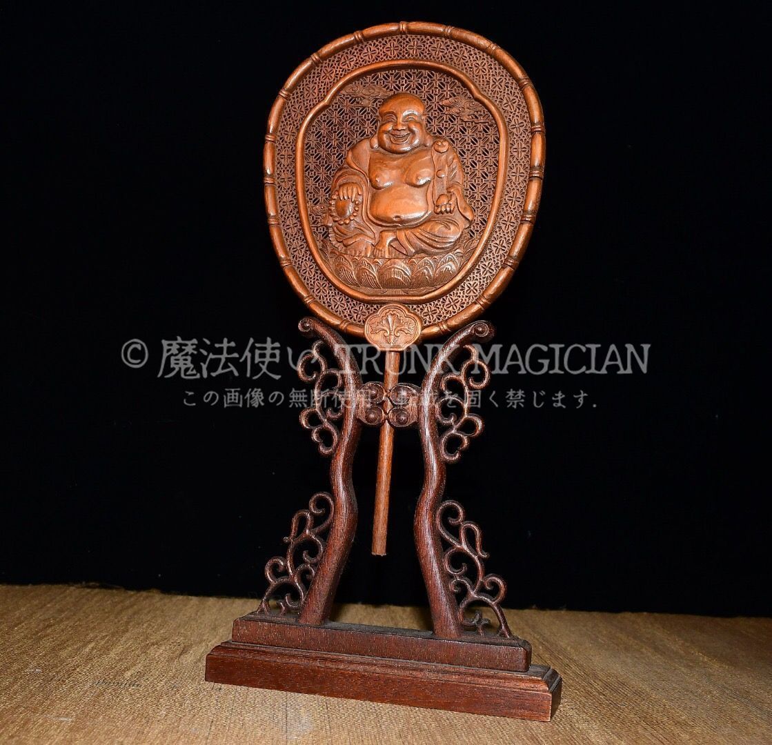 旧家蔵出し 黄楊木製 細密彫 彌勒仏紋屏風 置物 文房賞物 供養品 古