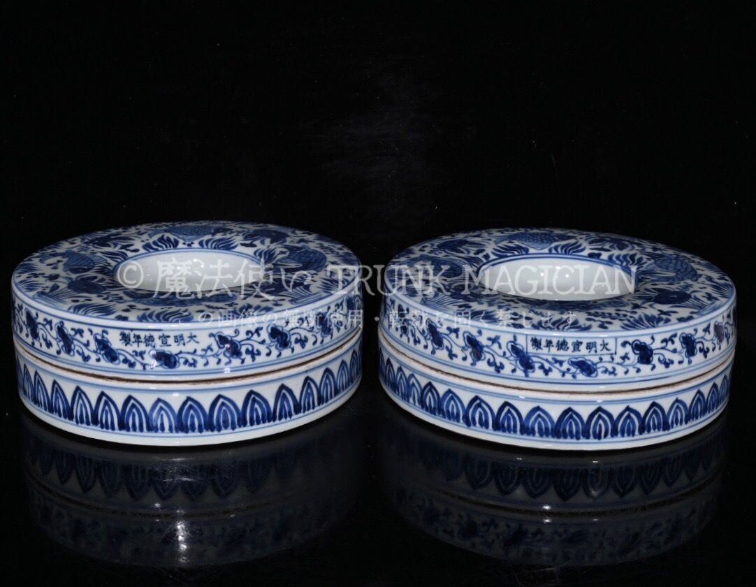 旧家蔵出し 大明宣德年製 青花 魚藻紋 果盒一對 古陶瓷器 陶芸 造型