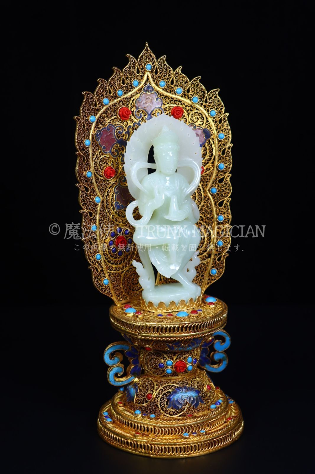 旧家蔵出し 和田玉細密彫 羊脂玉 花糸嵌 寶石嵌 景泰藍 文殊菩薩像