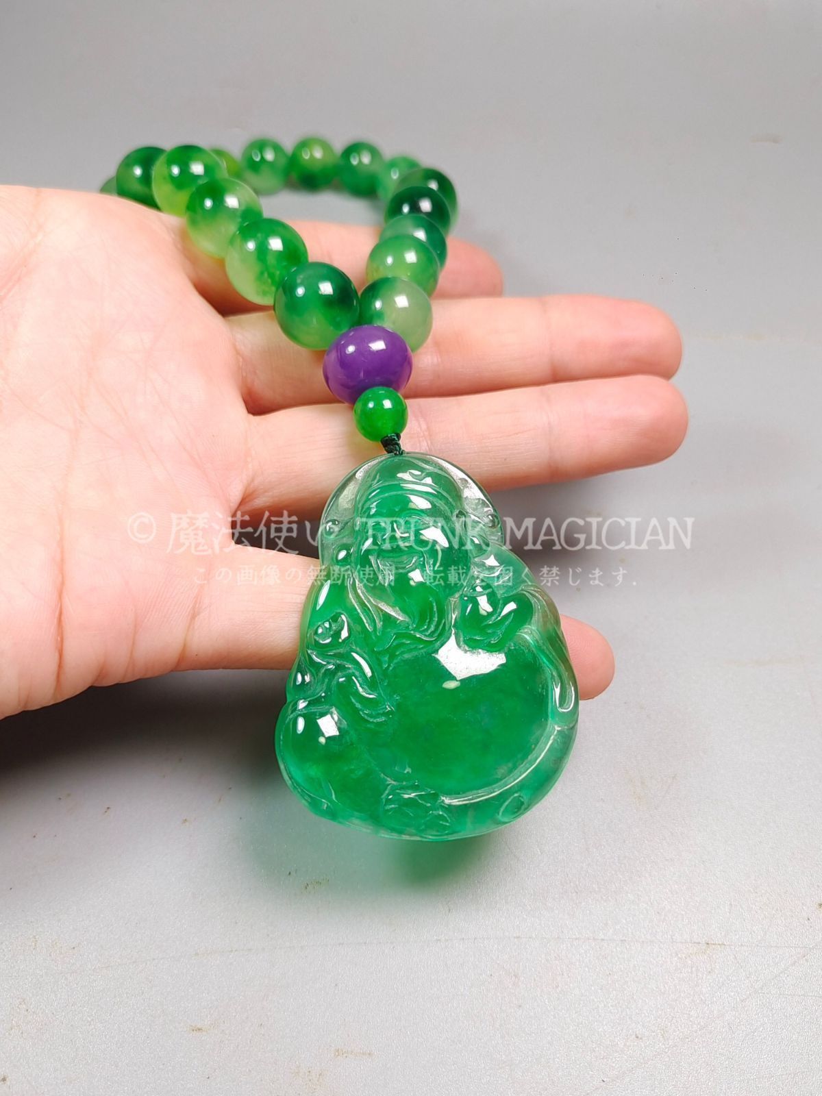 旧家蔵出し 翡翠製 細密彫 財神手持ペンダント 根付 裝身具 供養品 古