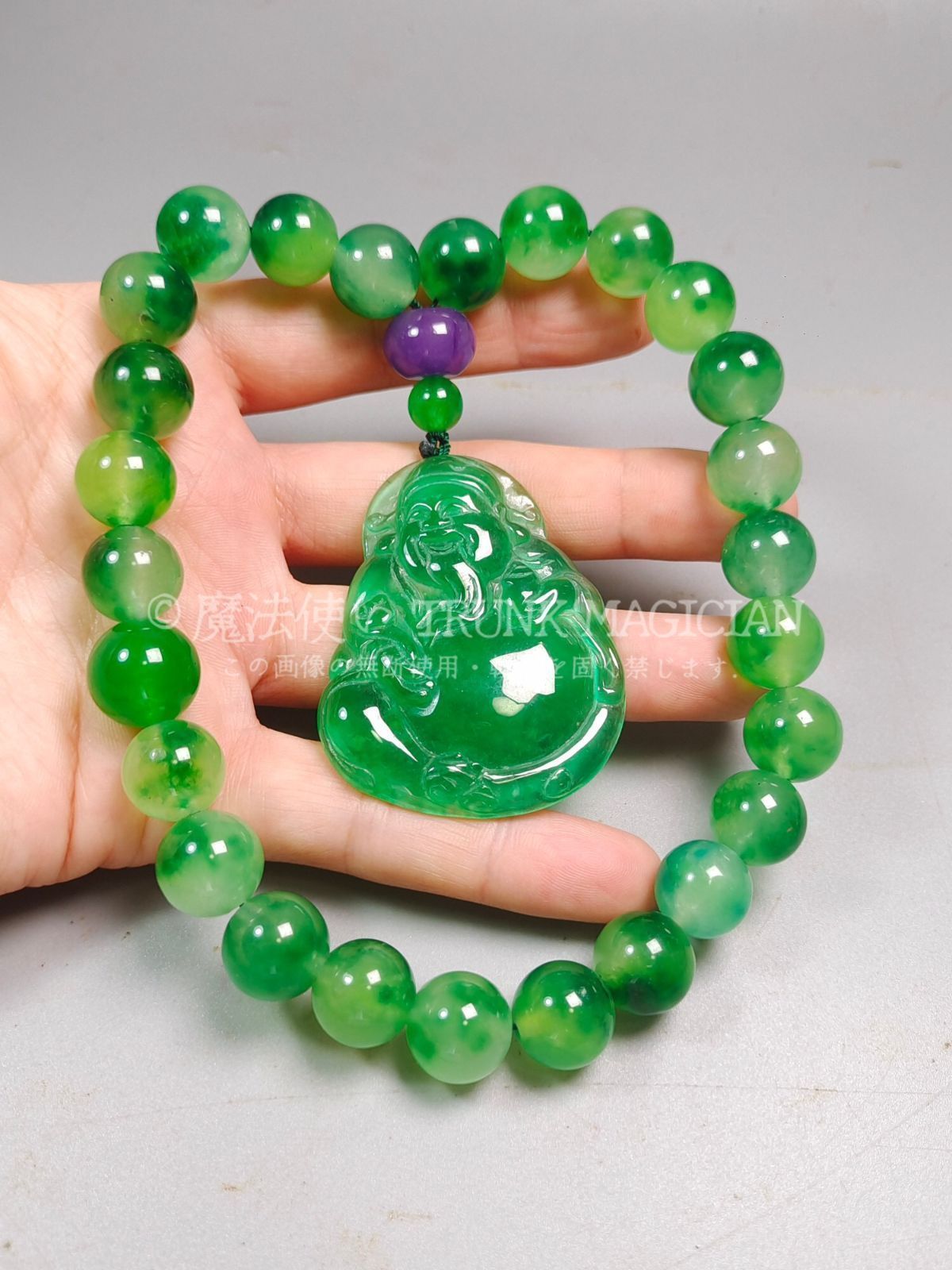 旧家蔵出し 翡翠製 細密彫 財神手持ペンダント 根付 裝身具 供養品 古