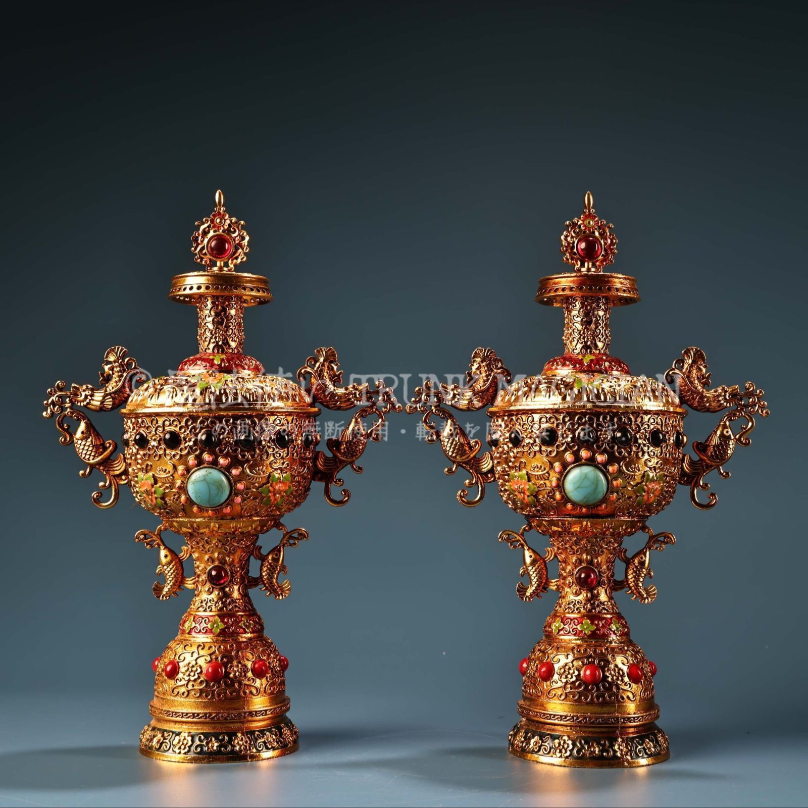 旧家蔵出し 銅製 塗金 雙魚耳 花瓶一對 置物 賞物 供養品 古美術品