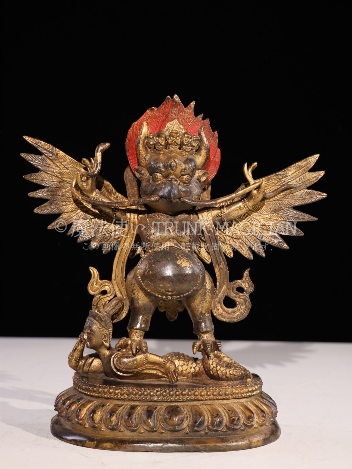 ゆ*か様 中国古玩 清代銅嵌宝石霊芝如意 縦27㎝横6㎝ 西蔵古寺廟結縁 銅製・象嵌綠松石・寶石・彩繪・描金・象鼻神・財神仏