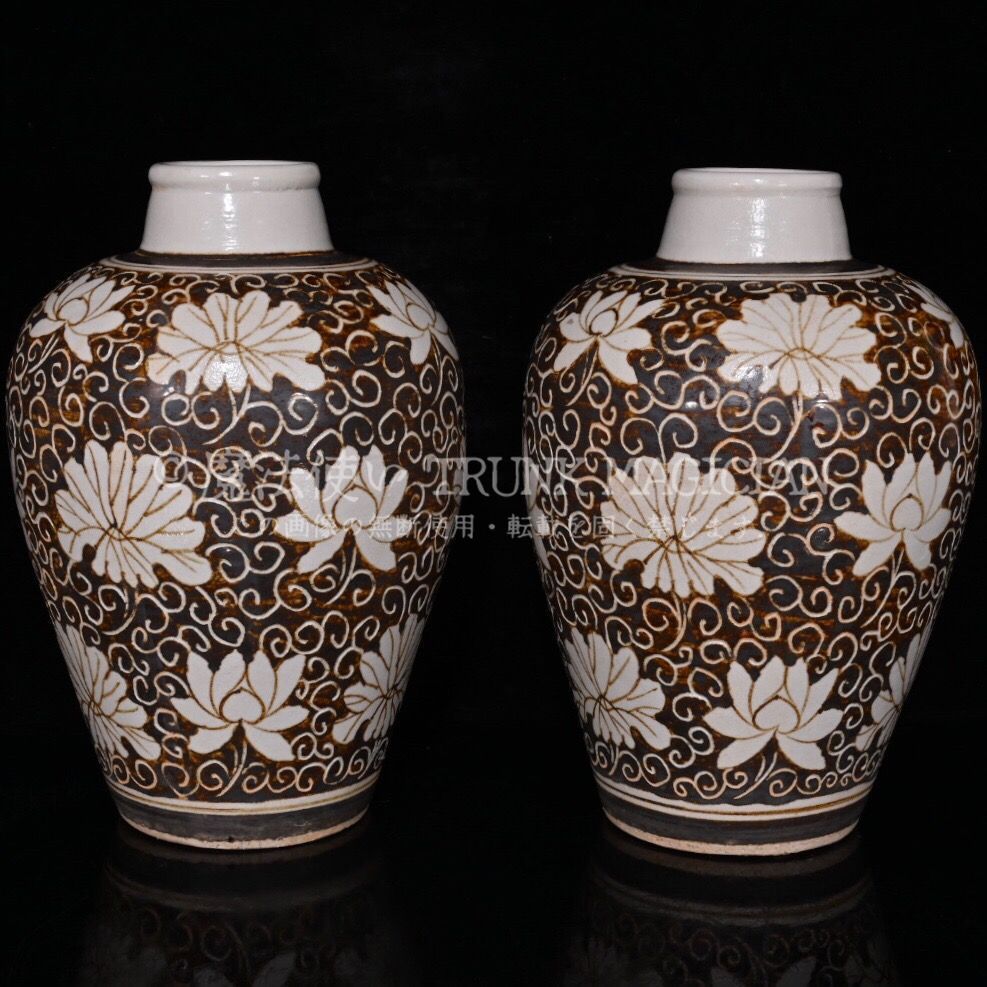 旧家蔵出し 宋 吉州窯 花卉紋 梅瓶一對 古陶瓷器 陶芸 造型精美 古美術