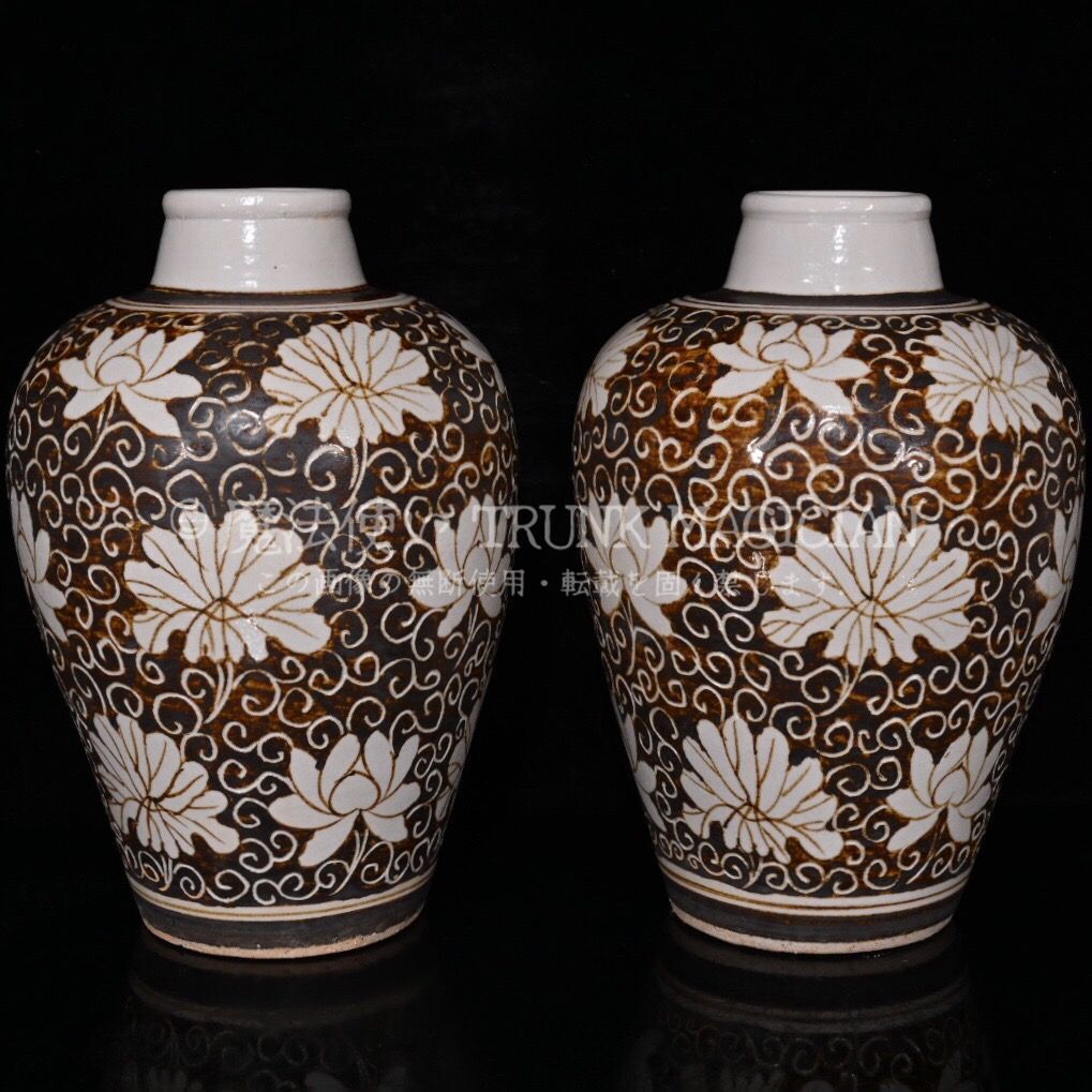 旧家蔵出し 宋 吉州窯 花卉紋 梅瓶一對 古陶瓷器 陶芸 造型精美 古美術