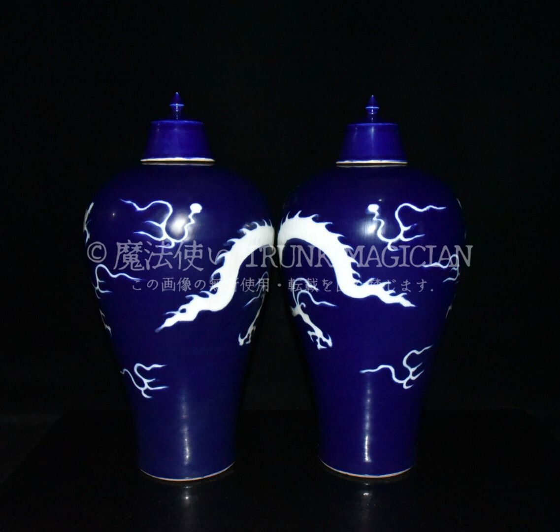 旧家蔵出し 元 霽藍 留白 龍紋 梅瓶一對 古陶瓷器 陶芸 造型精美 古