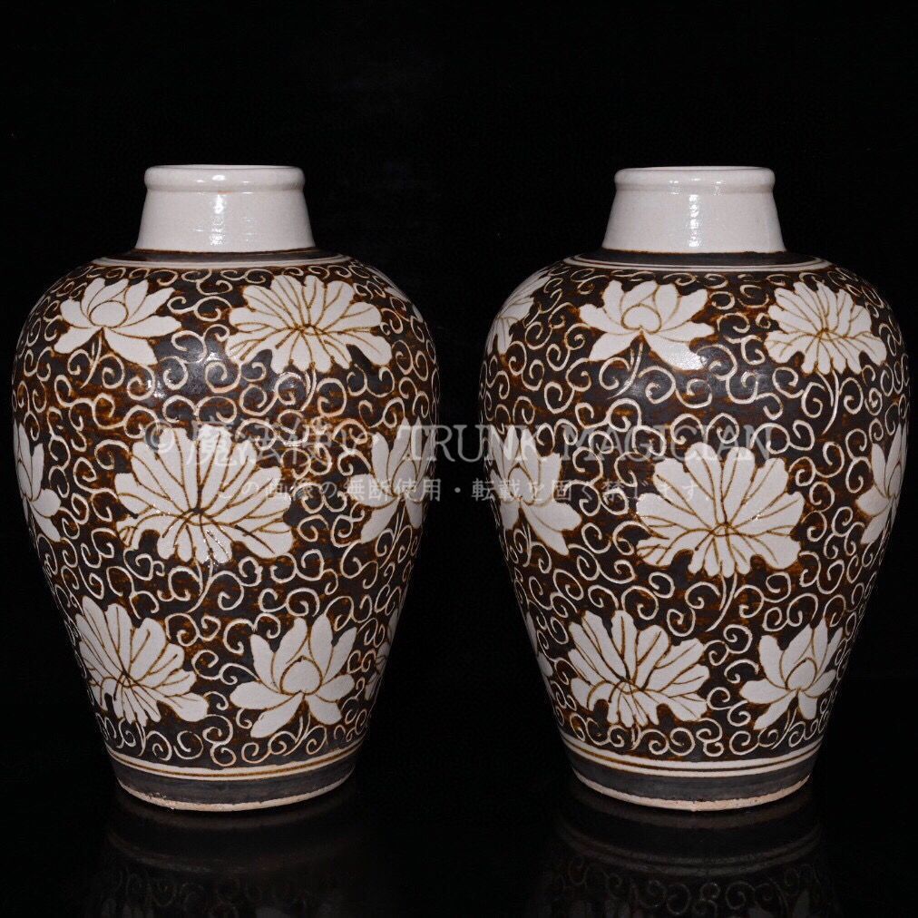 旧家蔵出し 宋 吉州窯 花卉紋 梅瓶一對 古陶瓷器 陶芸 造型精美 古美術