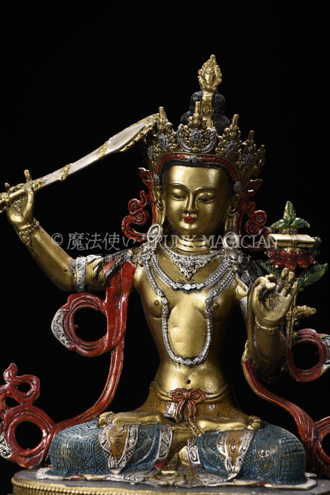 旧家蔵出し 銅製 金鍍 彩繪 文殊菩薩像 仏像 宗教 仏教古美術 供養品