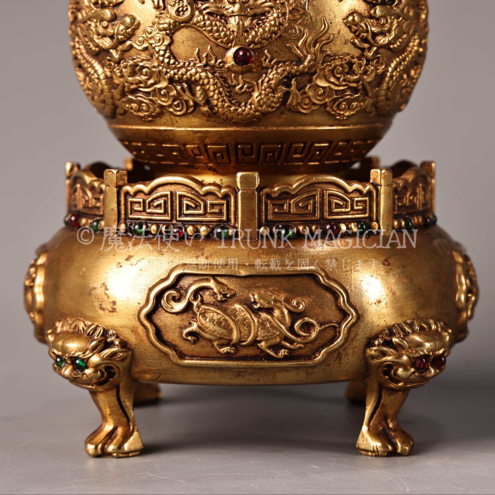 旧家蔵出し 銅製 塗金 時來運轉熏香炉 箱付 香道具 逸品仏具 仏具一般