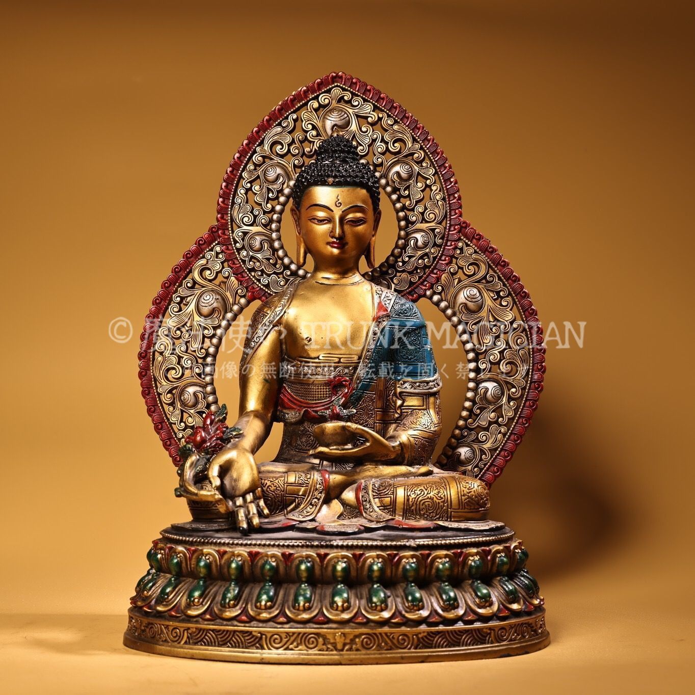 旧家蔵出し 銅製 浮彫 鏨刻 描金 彩繪 藥師仏 仏像 密宗密教 供養品 古