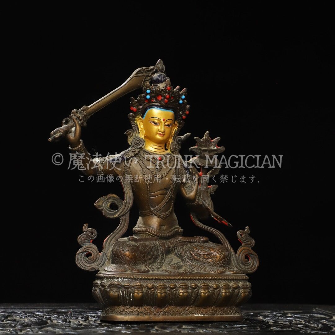 旧家蔵出し 銅製 塗金 文殊菩薩像 仏像 宗教 仏教古美術 供養品 古美術