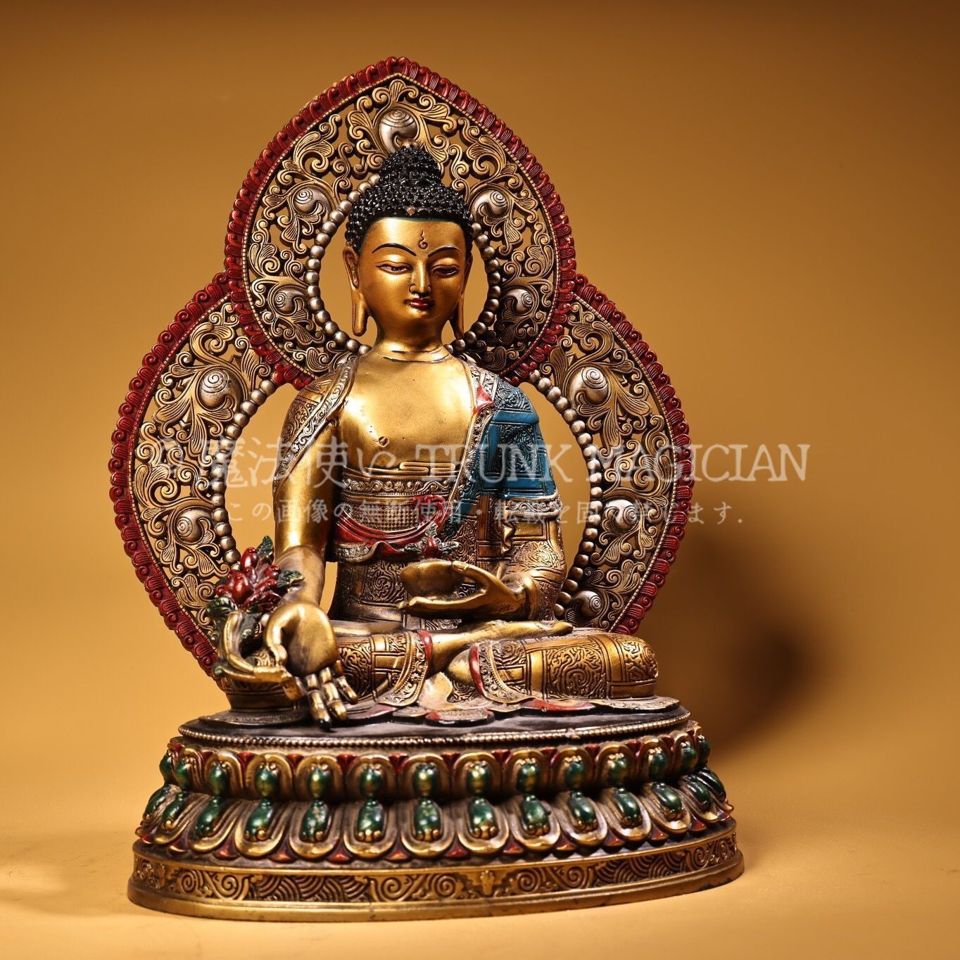 旧家蔵出し 銅製 浮彫 鏨刻 描金 彩繪 藥師仏 仏像 密宗密教 供養品 古