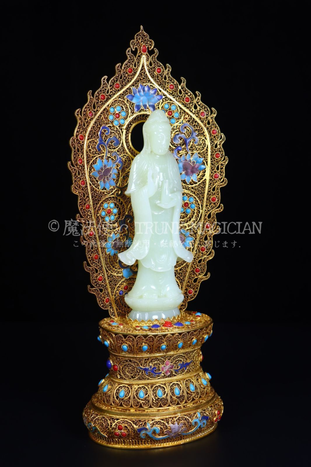 旧家蔵出し 和田玉細密彫 羊脂玉 花糸嵌 寶石嵌 景泰藍 淨瓶觀音像