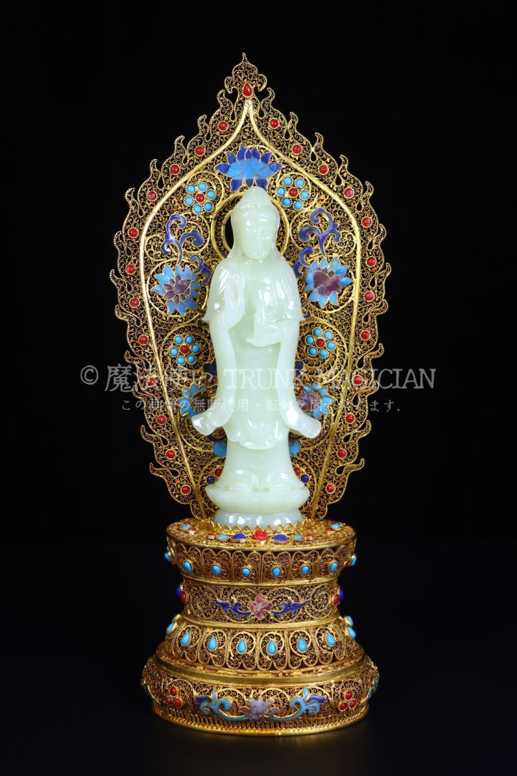 旧家蔵出し 和田玉細密彫 羊脂玉 花糸嵌 寶石嵌 景泰藍 淨瓶觀音像