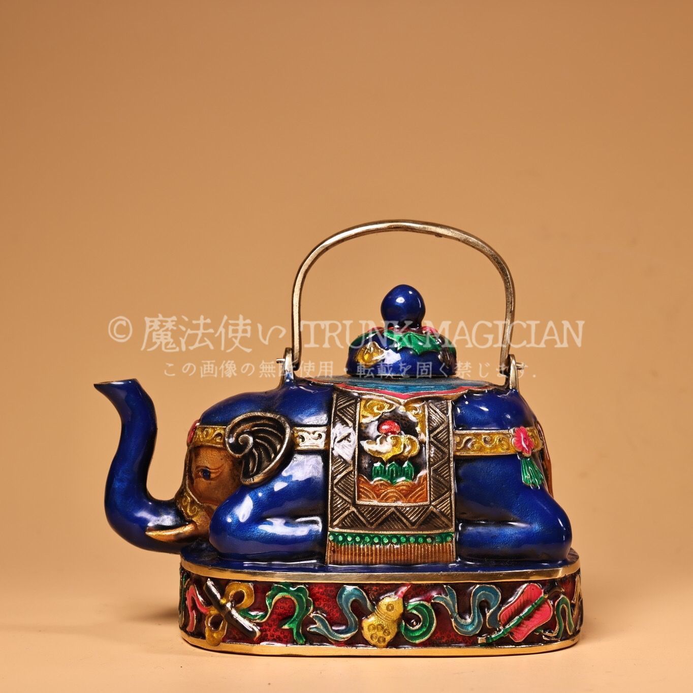 旧家蔵出し 銅製 景泰藍 琺瑯彩 大象提梁壷 置物 賞物 供養品 古美術品