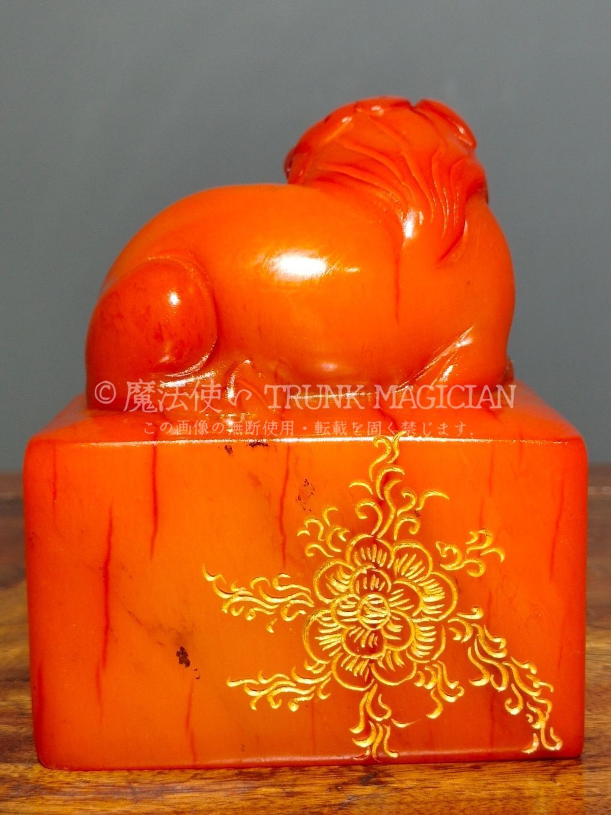 旧家蔵出し 寿山石 紅田黄石彫 母子獣印章 箱付 印鑒 書道品 文房賞物